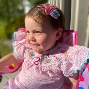 Girls Flutter-Sleeve 2nd Birthday Embroidered Seersucker Gingham Smocked Dress